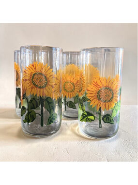 Vintage Sunflower Floral Drinking Glasses Set of 4 Retro Highball Tumblers